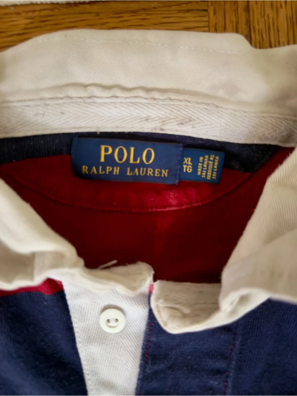 Ralph Lauren Red & Navy Striped Rugby Polo with White Collar